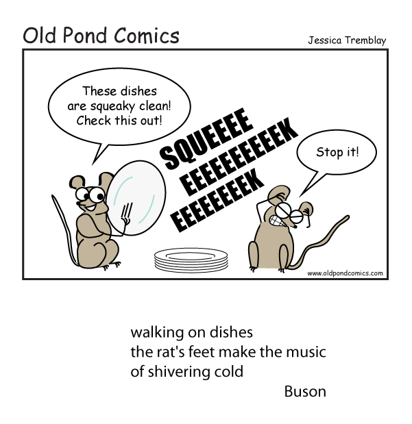 Comic inspired by Buson's haiku "walking on dishes / the rat's feet make the music / of shivering cold" (illustration by Old Pond Comics)