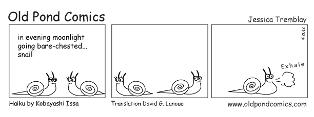 In evening moonlight, going bare chested... snail (a haiku by Issa illustrated by Old Pond Comics)