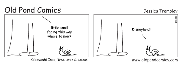 little snail facing this way where to now? (a haiku by Kobayashi Issa illustrated by Old Pond Comics)